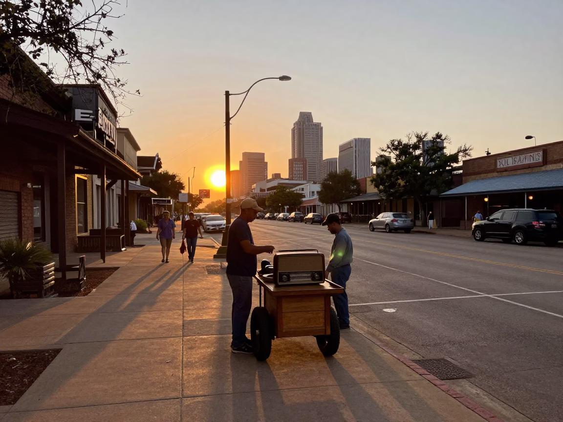 Austin Texas Sunset Street Scene with Vintage Radio and Local Interaction in in Austin, Texas, United States