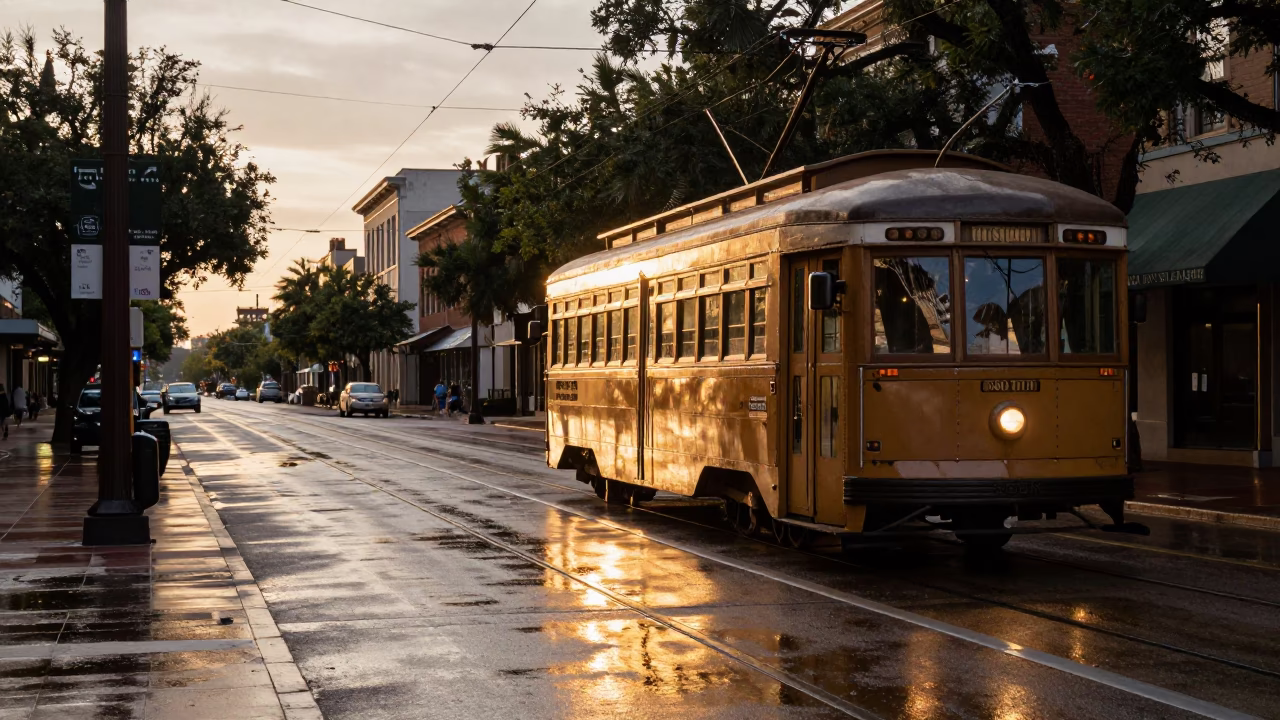 Austin Texas Sunset Street Scene with Vintage Tramcar Reflection on Wet Cobblestones in in Austin, Texas, United States