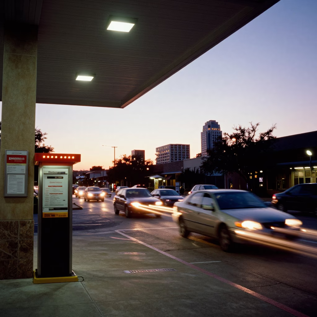 Austin Texas Sunset Valet Stand with Headlight Streaks and City Traffic in in Austin, Texas, United States