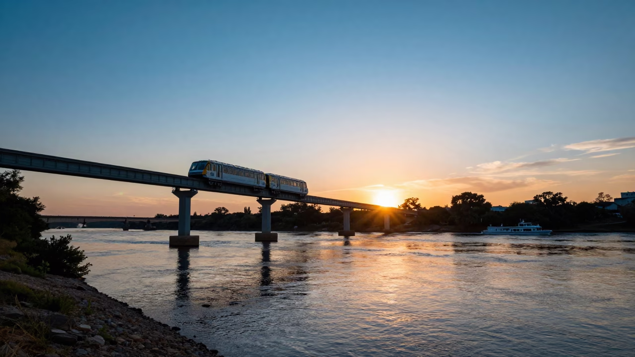 Austin Texas Sunset View of Monorail and River Scene at Blue Hour in in Austin, Texas, United States