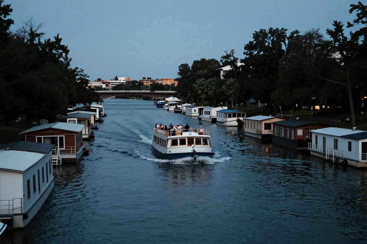 Austin Texas Twilight Canal Scene with Water Taxi and Houseboats in in Austin, Texas, United States
