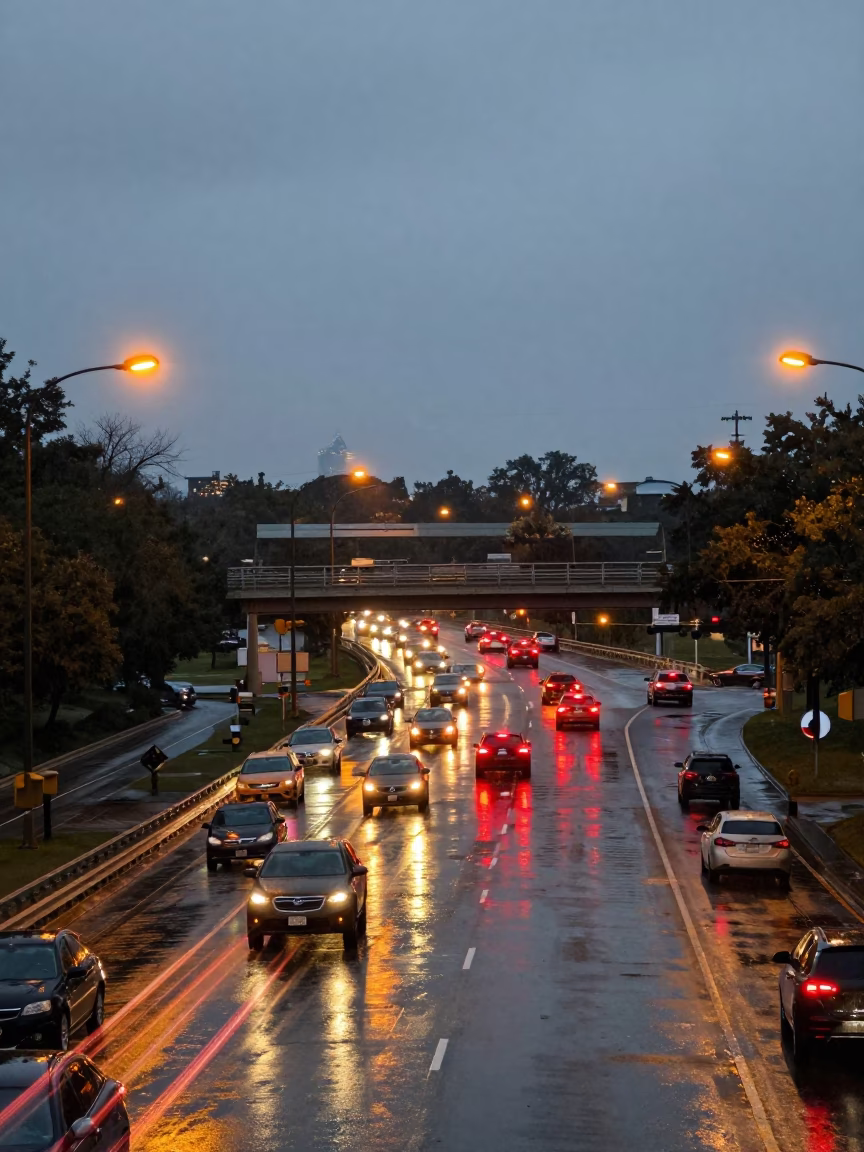 Austin Texas Twilight Overpass Interchange Taillight Streaks After Rain in in Austin, Texas, United States