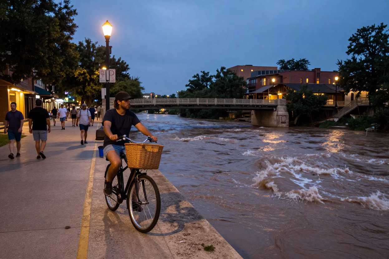 Austin Texas Twilight Street Scene with Bicycle Basket and Bridge Pier in in Austin, Texas, United States