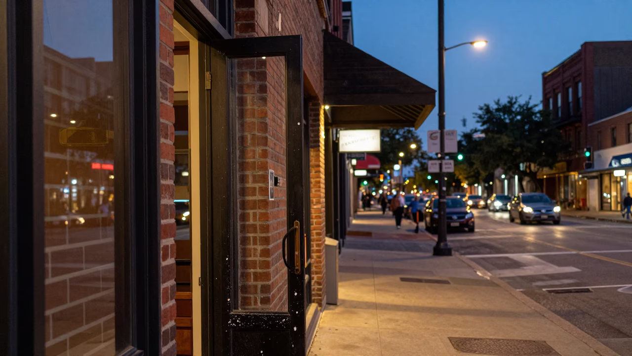 Austin Texas Twilight Street Scene with Brick Architecture and Urban Activity in in Austin, Texas, United States