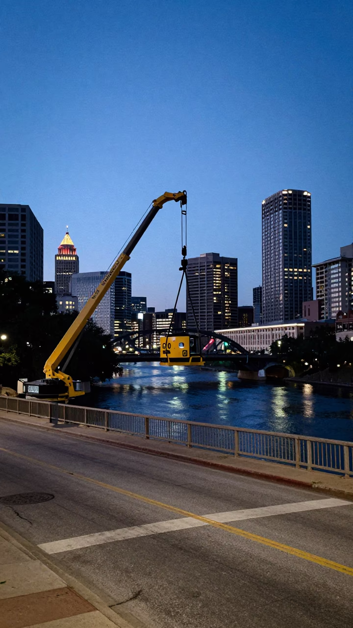 Austin Texas Twilight Street Scene with Bridge Maintenance Cradle and Local Activity in in Austin, Texas, United States