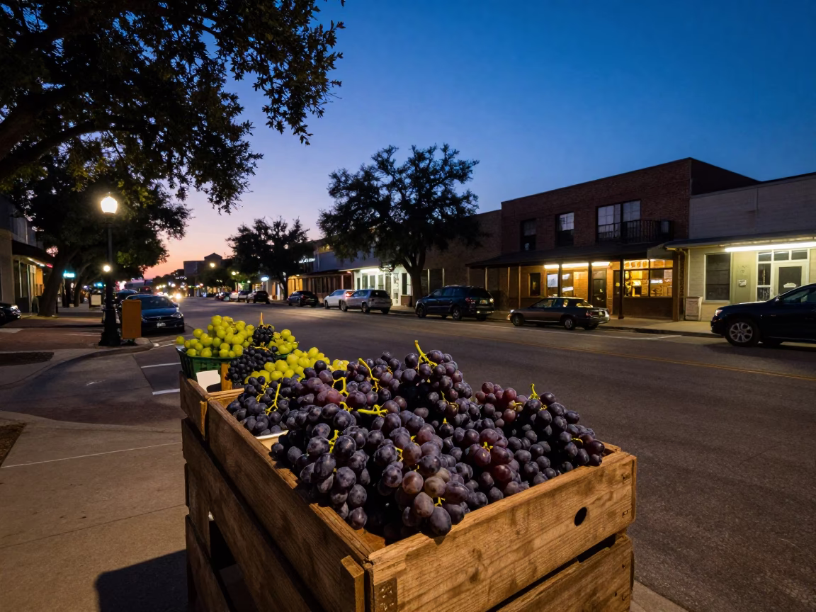 Austin Texas Twilight Street Scene with Grapes and Local Market Activity in in Austin, Texas, United States