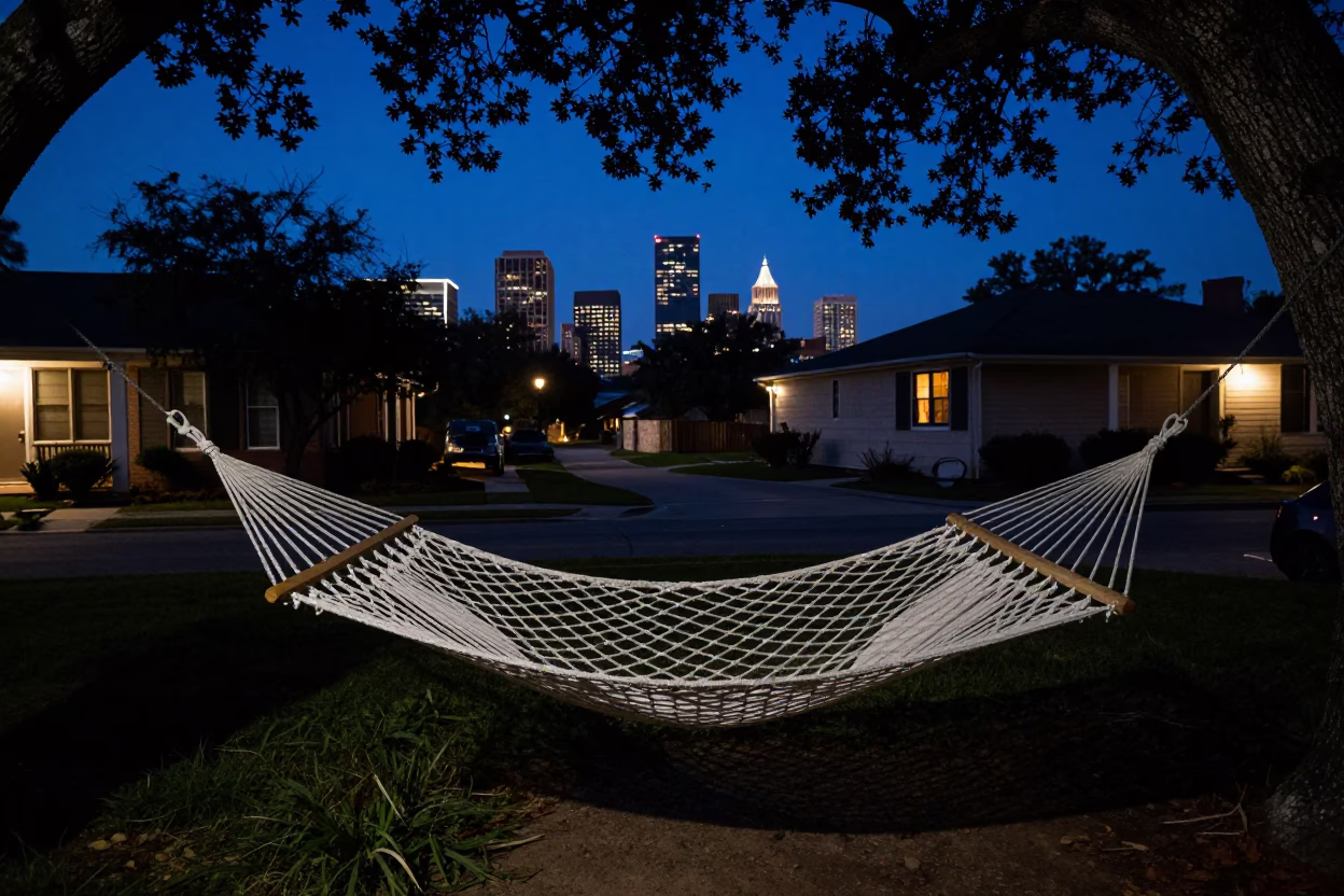 Austin Texas Twilight Street Scene with Hammock and City Lights in in Austin, Texas, United States
