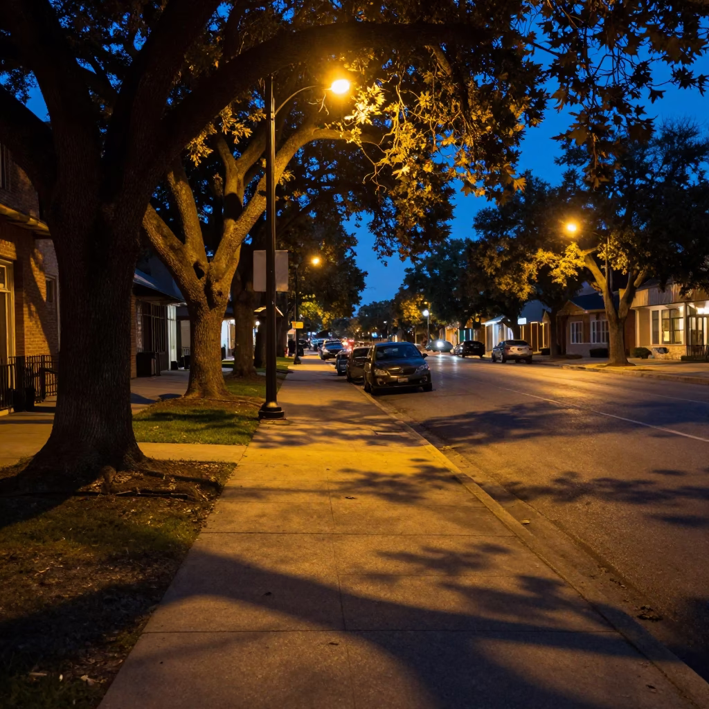 Austin Texas Twilight Street Scene with Leaf Shadows and Local Snack in in Austin, Texas, United States