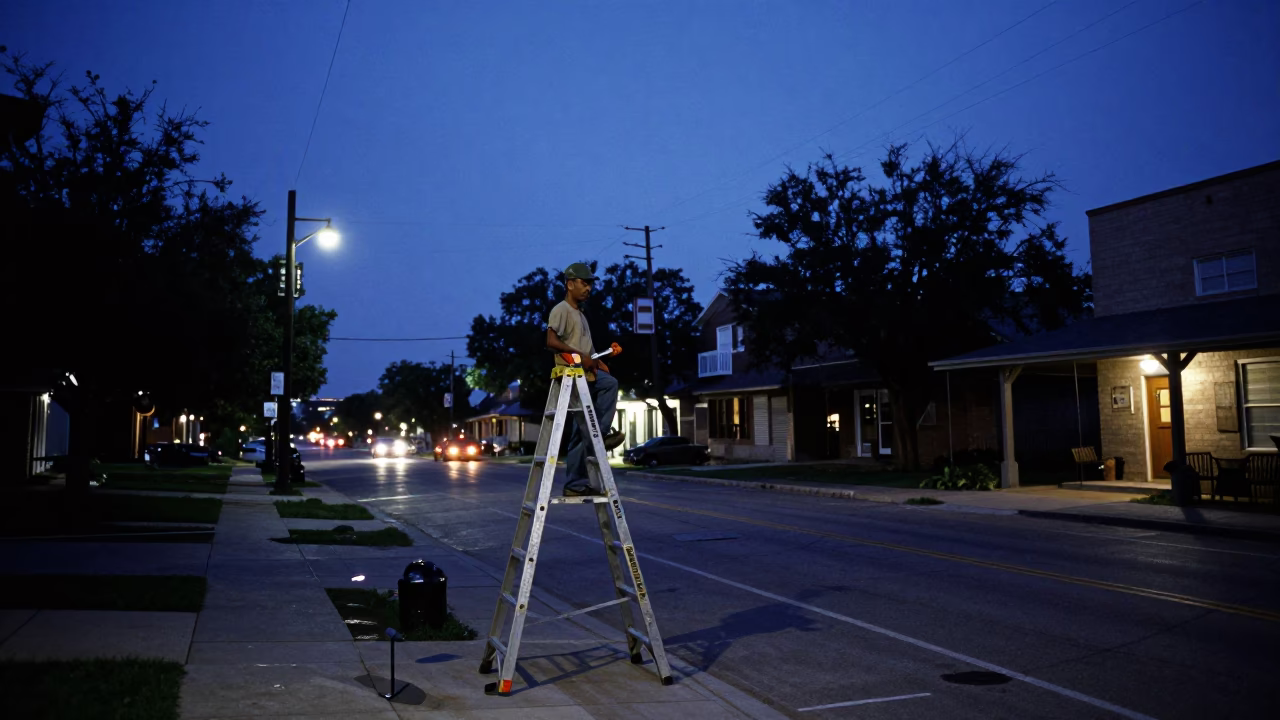 Austin Texas Twilight Street Scene with Step Ladder and Power Substation Lattice in in Austin, Texas, United States