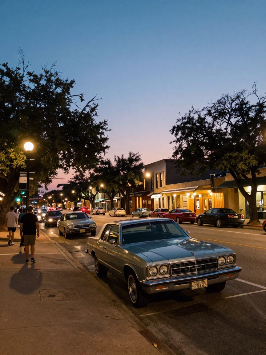 Austin Texas Twilight Street Scene with Vintage 1970s Atmosphere and Local Life in in Austin, Texas, United States