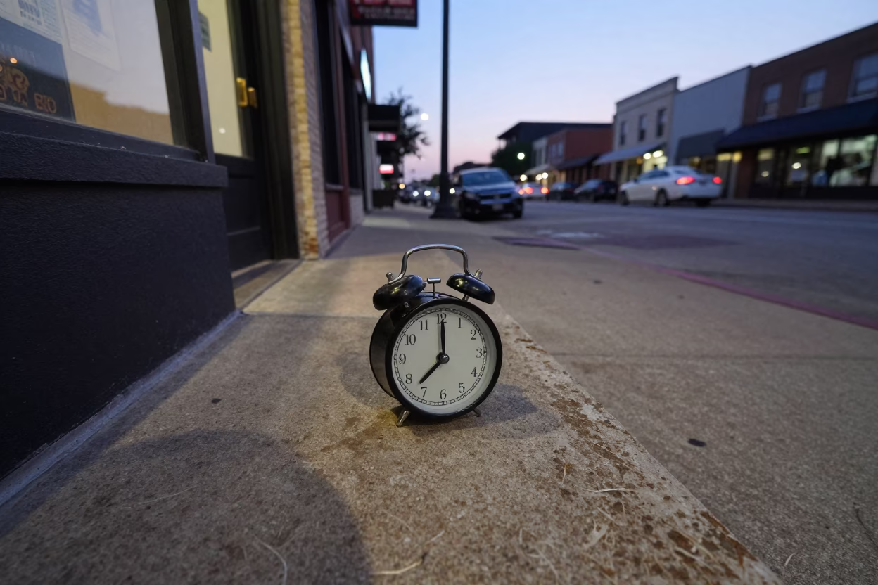 Austin Texas Twilight Street Scene with Vintage Alarm Clock and Reservoir Reflections in in Austin, Texas, United States