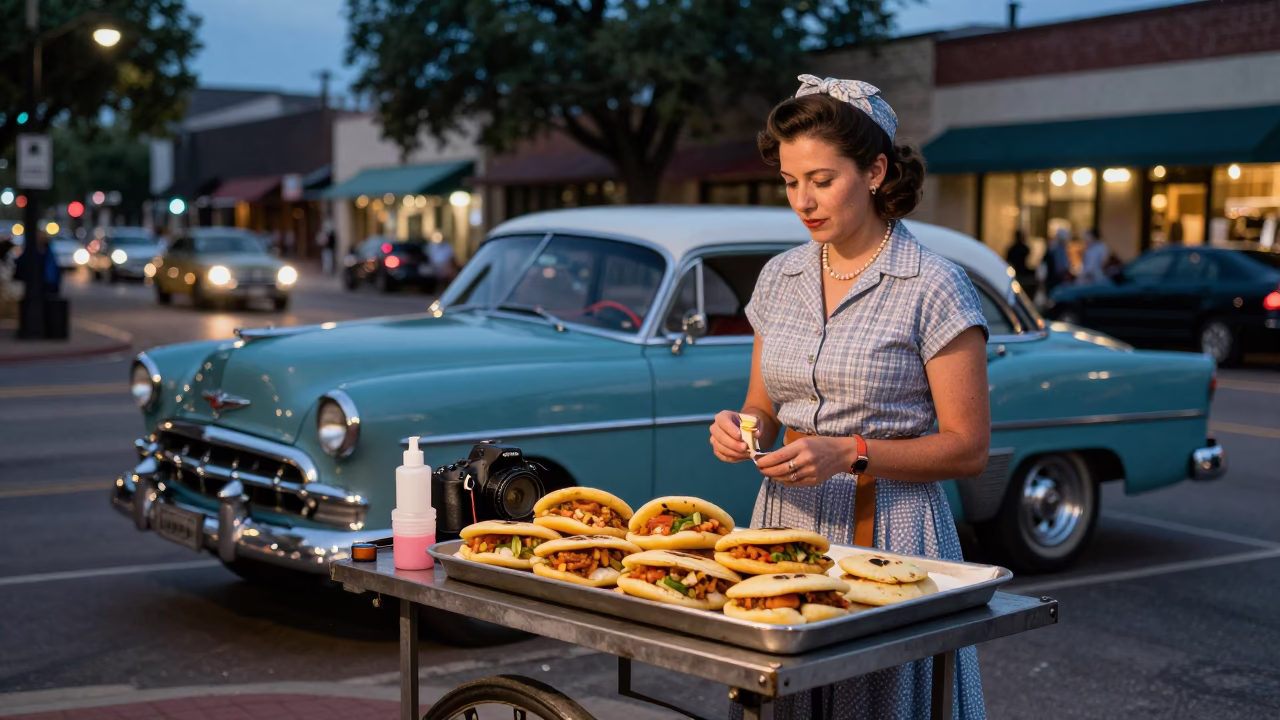 Austin Texas Twilight Street Scene with Vintage Car and Cosmetics Vendor in in Austin, Texas, United States