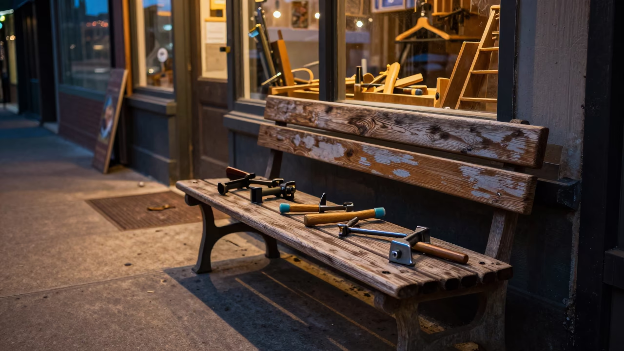 Austin Texas Twilight Street Scene with Vintage Woodshop Tools and Linen Bench Detail in in Austin, Texas, United States