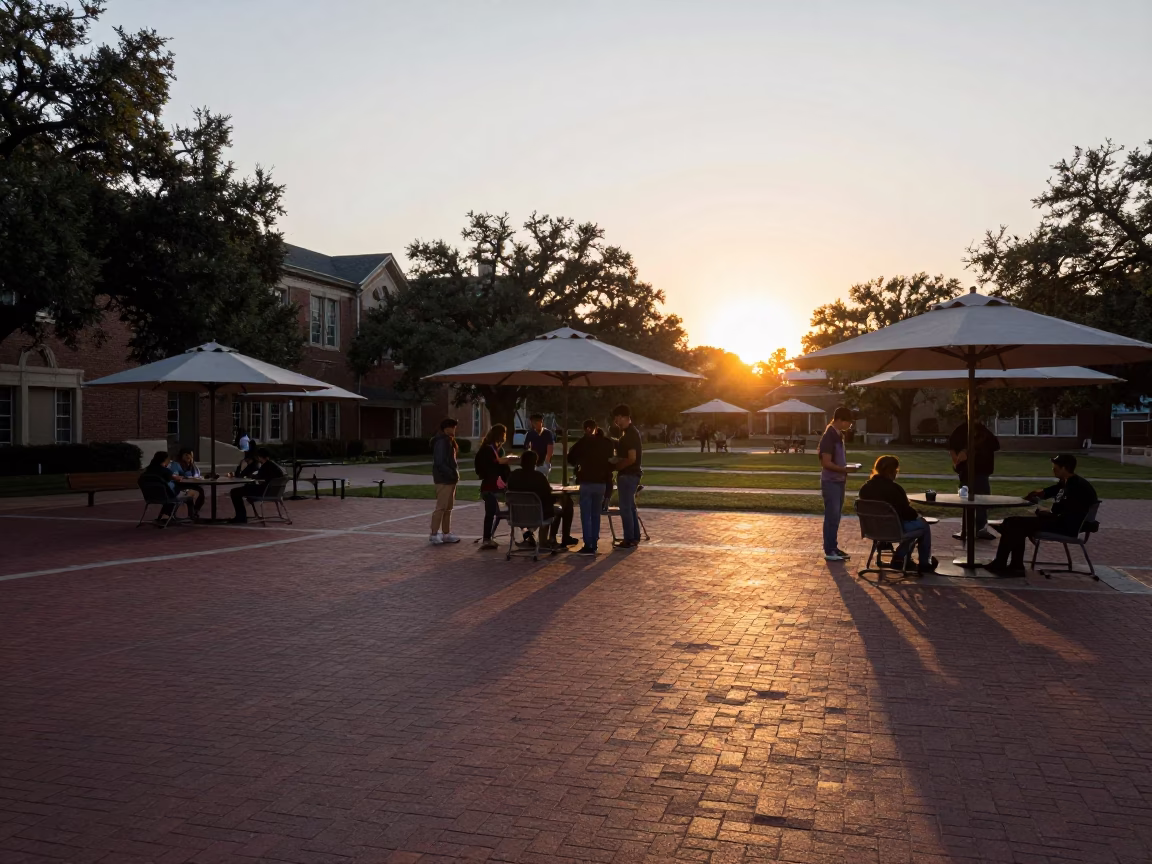 Austin Texas University Courtyard Umbrellas Evening Light in in Austin, Texas, United States