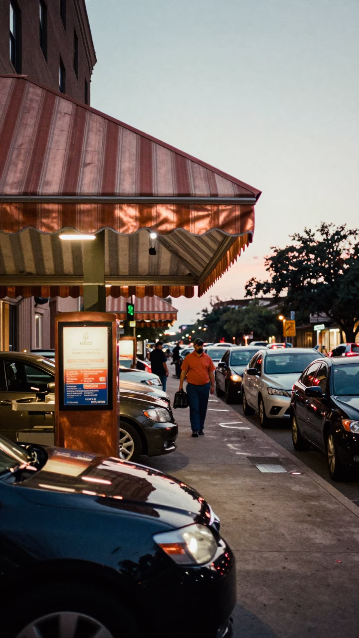 Austin Texas Valet Stand Hotel Awning Copper Dusk Headlight Streaks in in Austin, Texas, United States