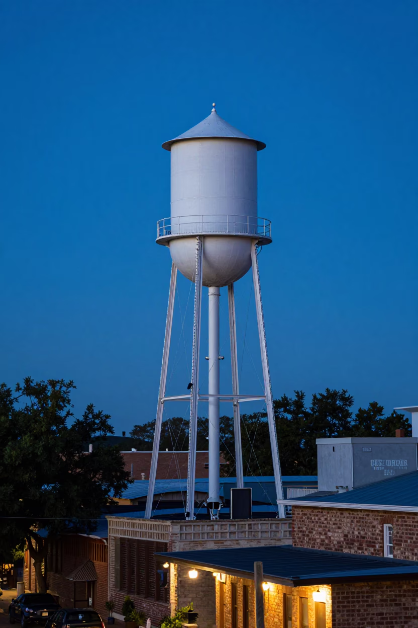 Austin Texas Water Tower Rooftop View in Evening Blue Light 1950s Era in in Austin, Texas, United States