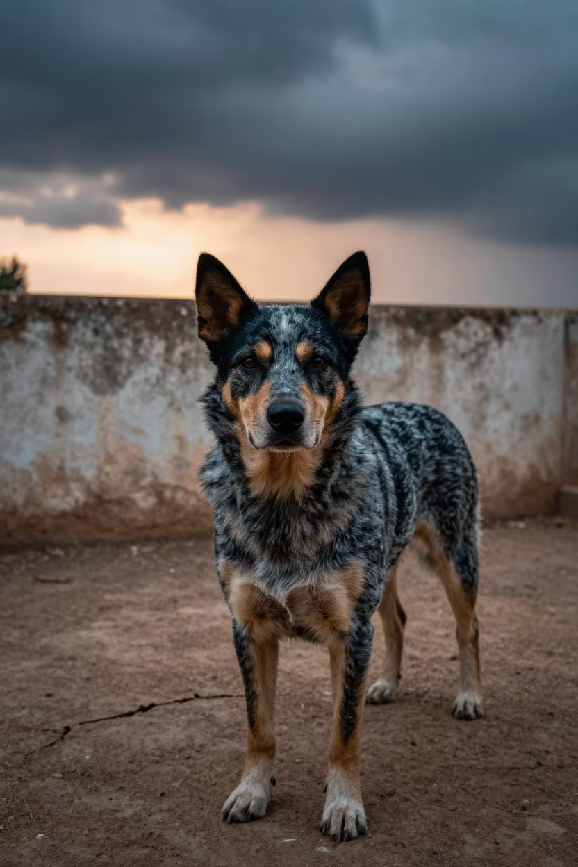 Australian Cattle Dog in Gojra Courtyard in beside a plain courtyard wall in clear daylight with the animal at eye level in Gojra