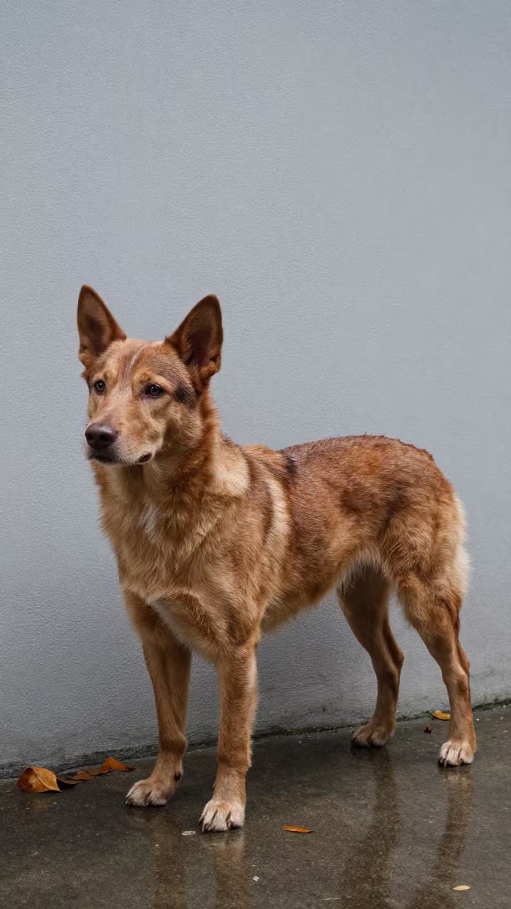 Australian Cattle Dog in Medan Courtyard Shadow in beside a plain courtyard wall in clear daylight with the animal at eye level near Medan