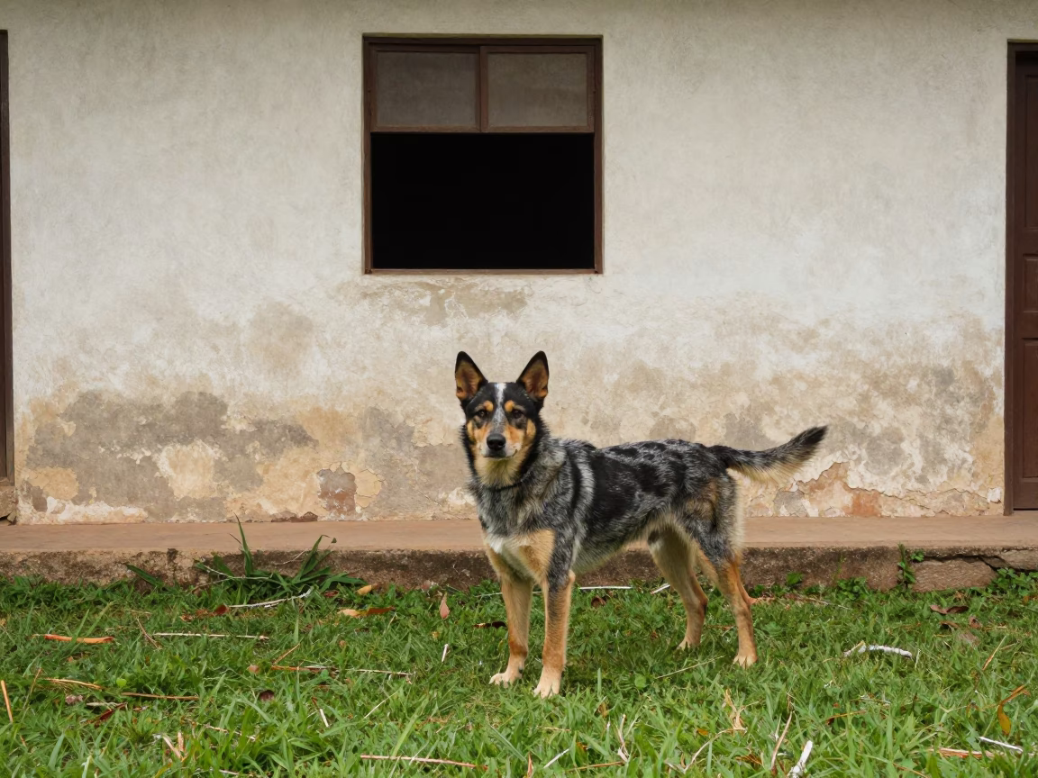Australian Cattle Dog in Merida Yard in in a small yard with clipped grass, calm light, and the animal centered in frame in Merida Venezuela