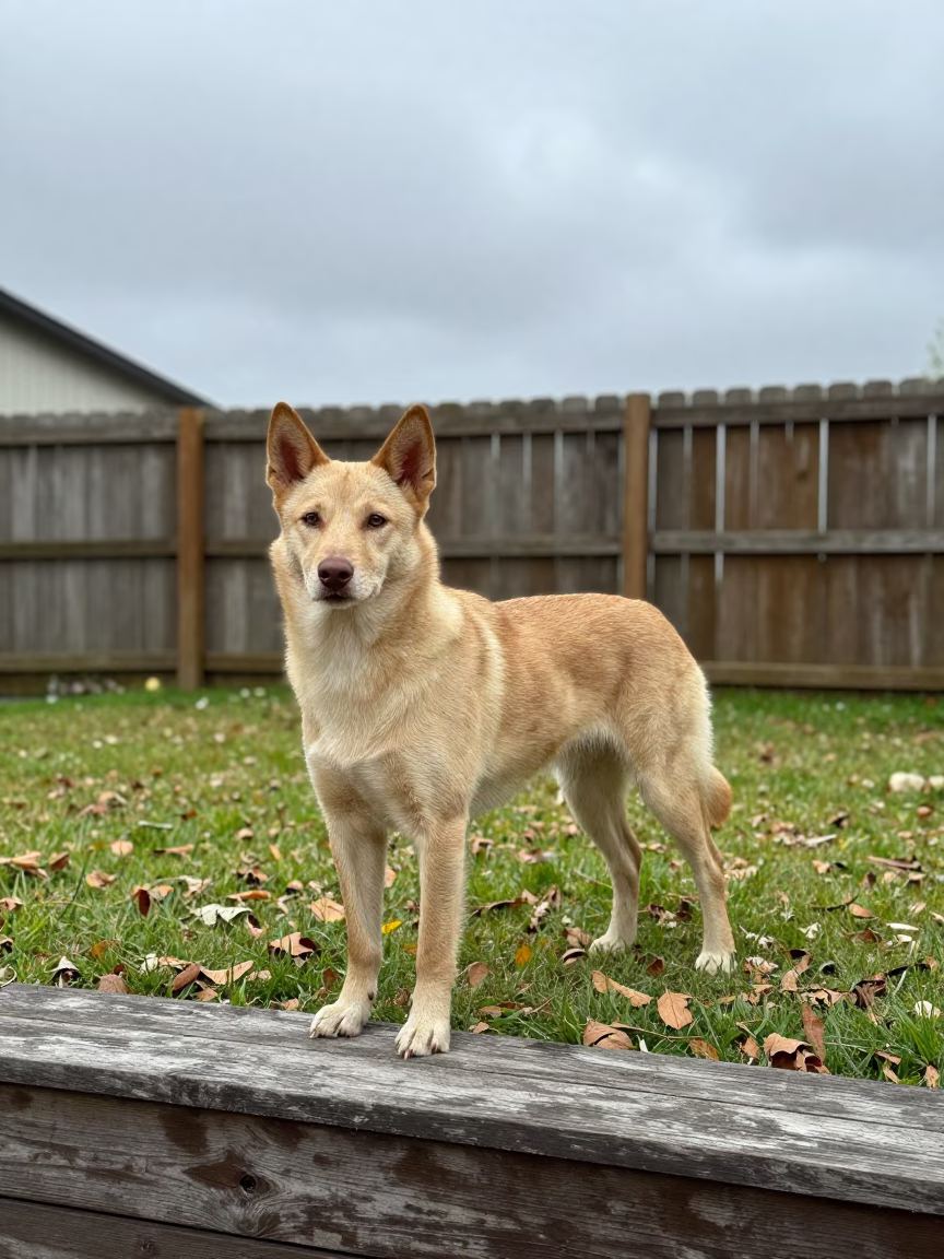 Australian Cattle Dog in Oskemen Yard in in a small yard with clipped grass, calm light, and the animal centered in frame in Oskemen
