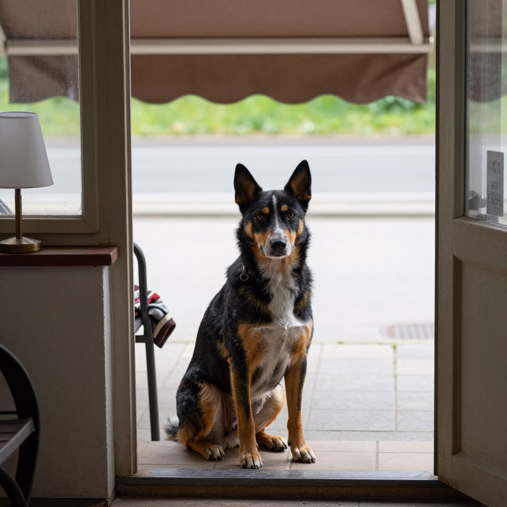 Australian Cattle Dog on Berlin Porch in Shade in along a quiet park path with soft open shade and a clean background near Kreuzberg, Berlin
