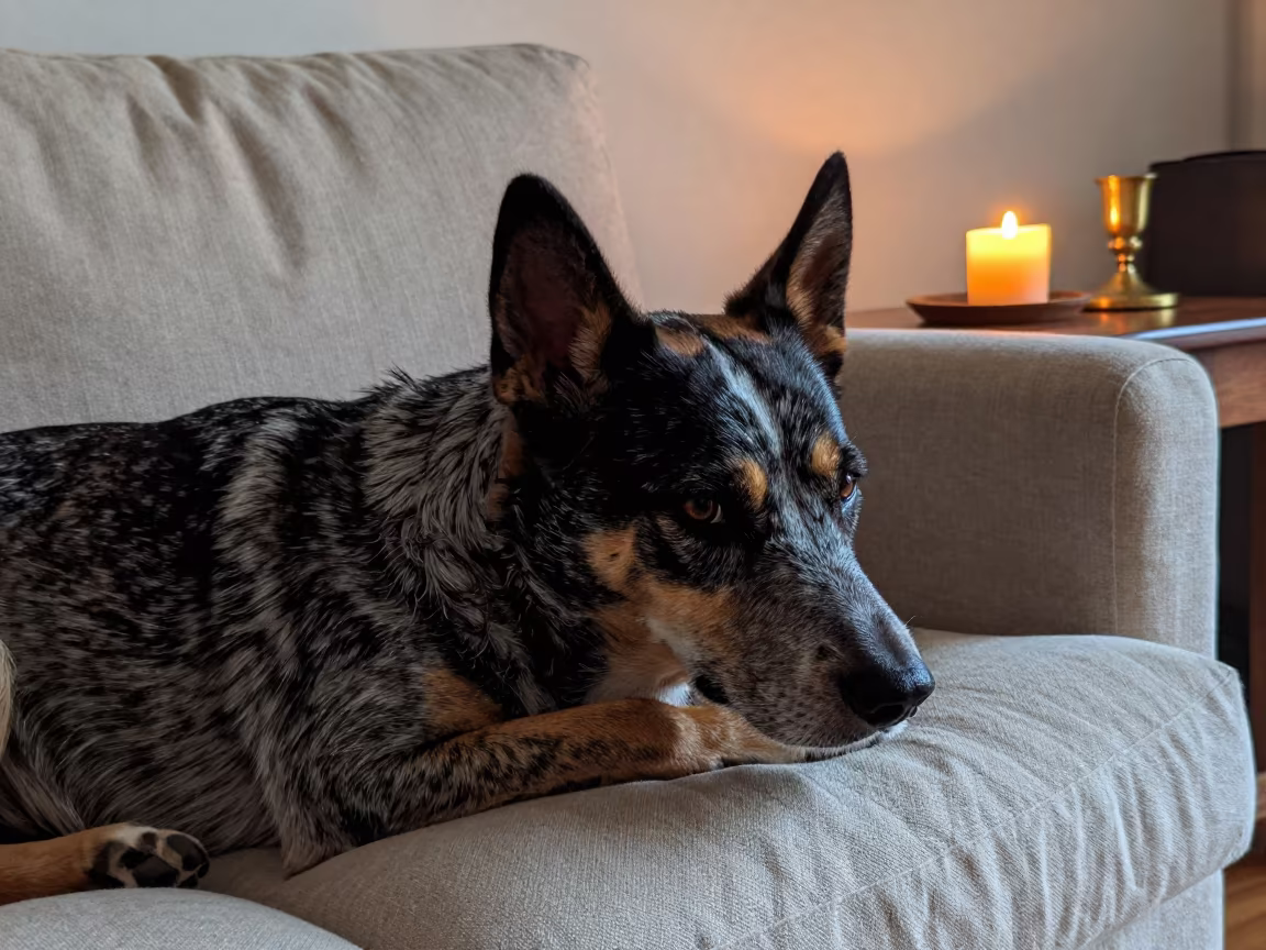 Australian Cattle Dog on Linen Sofa in Lagos in on a linen sofa with daylight from a nearby window in Lagos