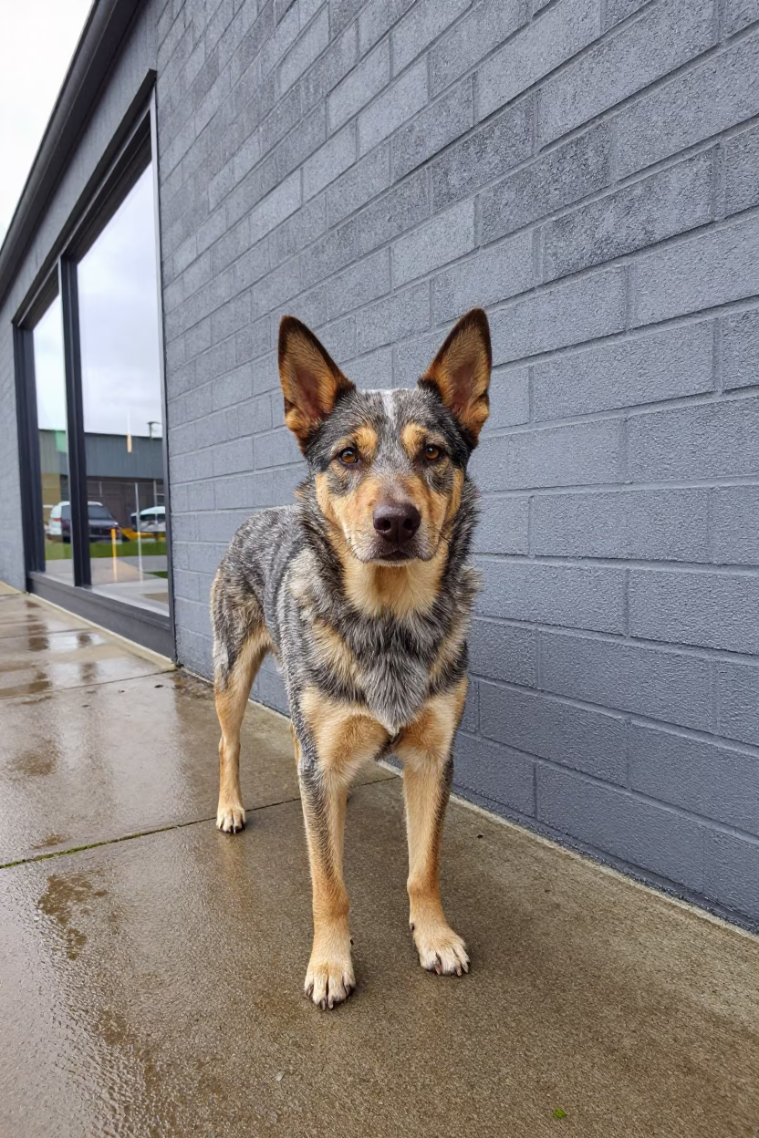 Australian Cattle Dog Portrait Beside Courtyard Wall in beside a plain courtyard wall in clear daylight with the animal at eye level near Sunderland