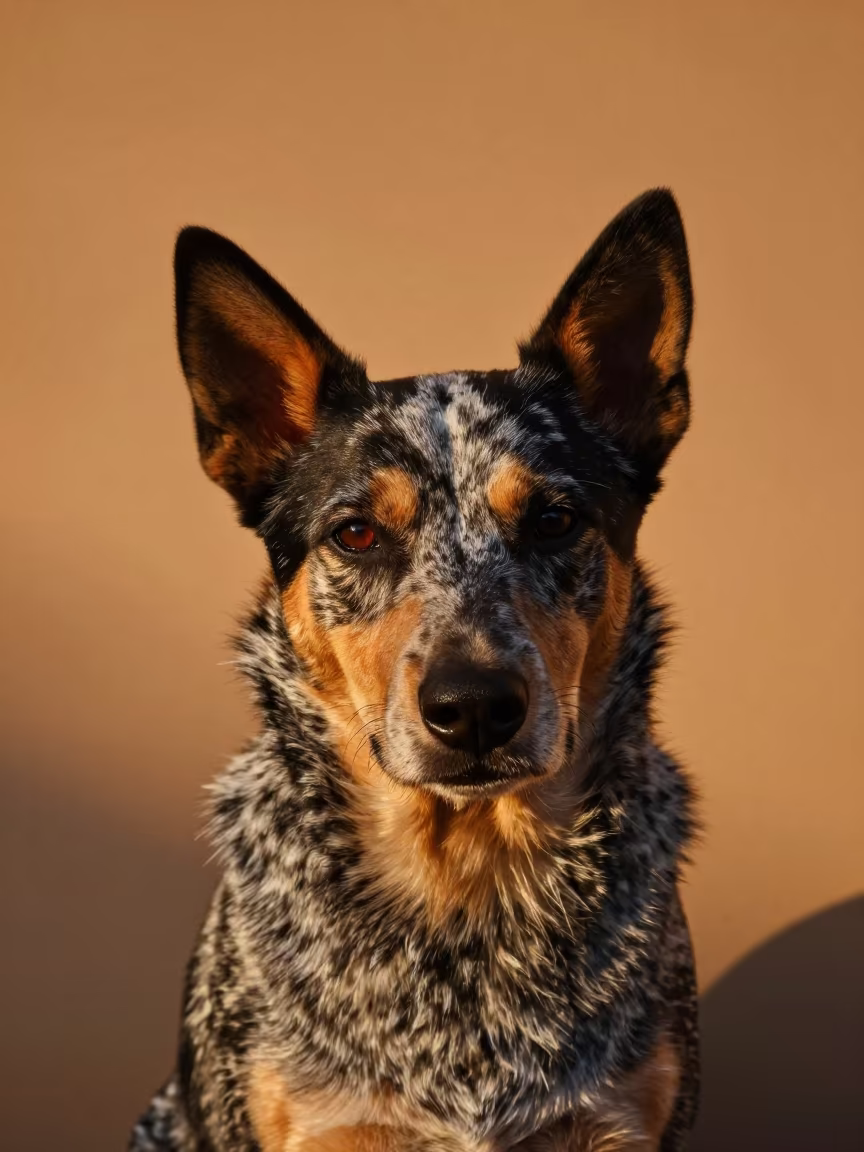 Australian Cattle Dog Portrait in Amber Studio Light in in a quiet portrait studio with a plain backdrop and eye-level framing in Bhagalpur