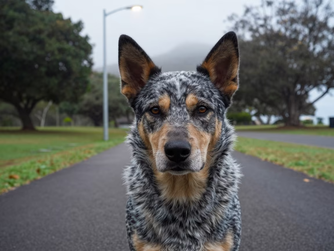 Australian Cattle Dog Portrait in Cool Dawn Light in along a quiet park path with soft open shade and a clean background in Victoria Seychelles