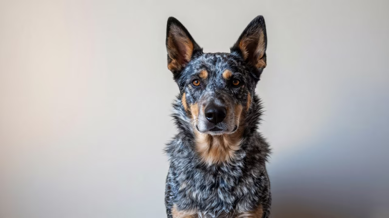Australian Cattle Dog Portrait Near Plaster Wall in beside a plain plaster wall in soft indoor light with the animal centered in frame near Szczecin