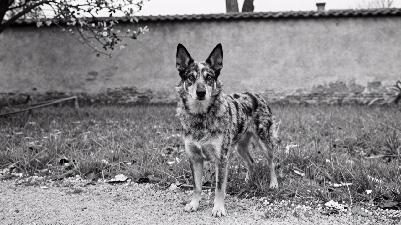 Australian Cattle Dog Portrait Near Turin in in a small yard with clipped grass, calm light, and the animal centered in frame near Turin