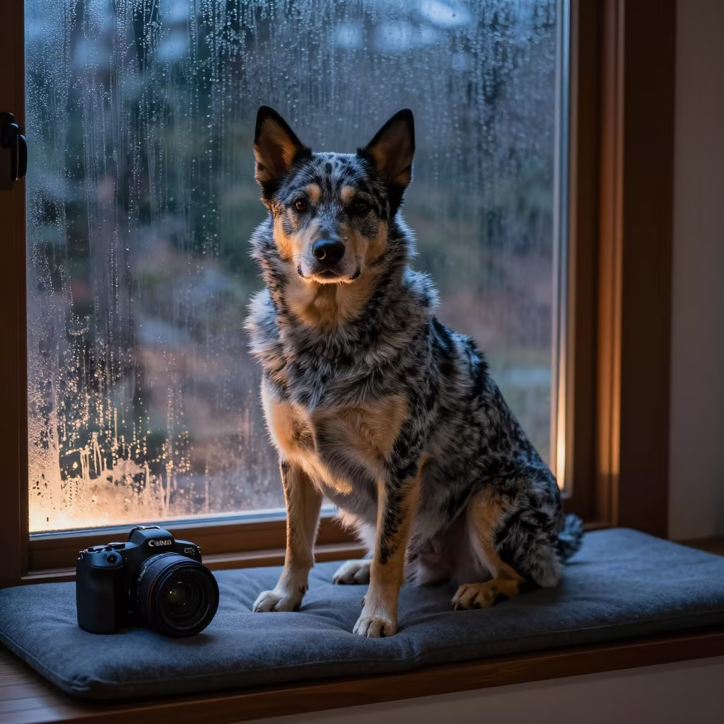 Australian Cattle Dog Portrait on Window Seat in on a cushioned window seat with soft side light and an uncluttered background near Nikko