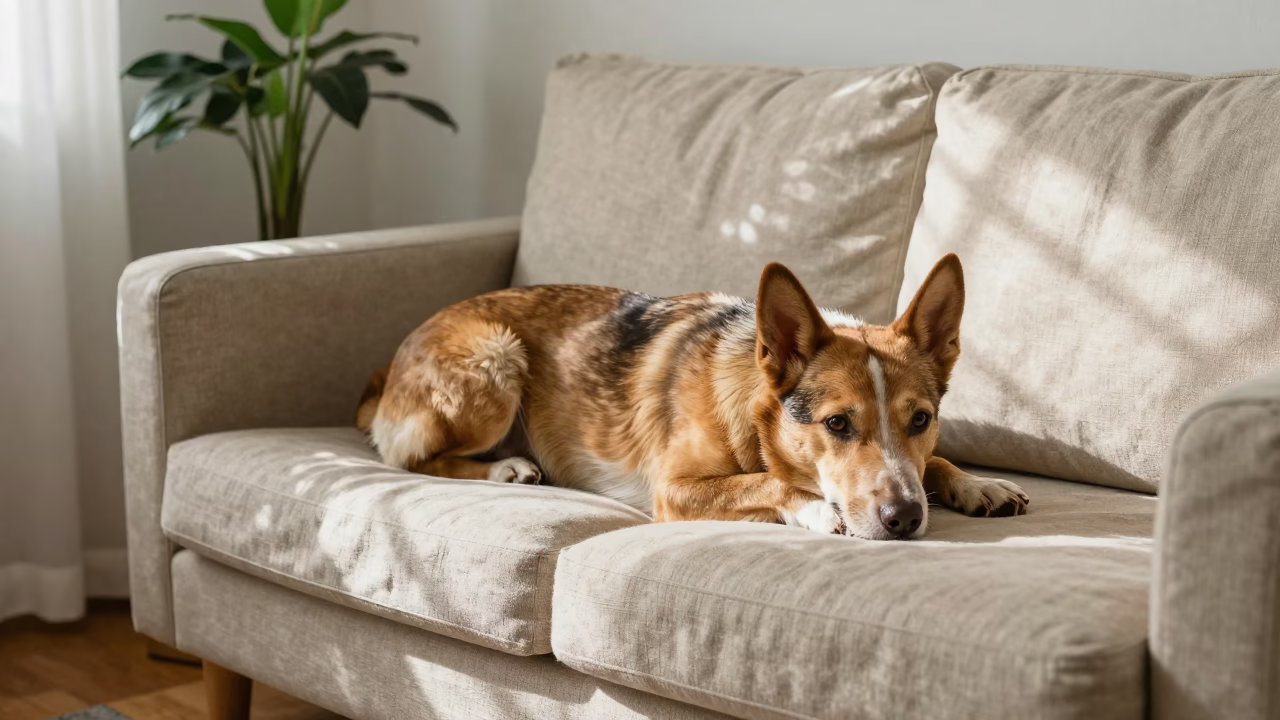 Australian Cattle Dog Resting on Linen Sofa in Harbin in on a linen sofa with daylight from a nearby window in Harbin