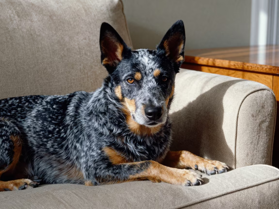 Australian Cattle Dog Resting on Linen Sofa in on a linen sofa with daylight from a nearby window in Sheikhupura