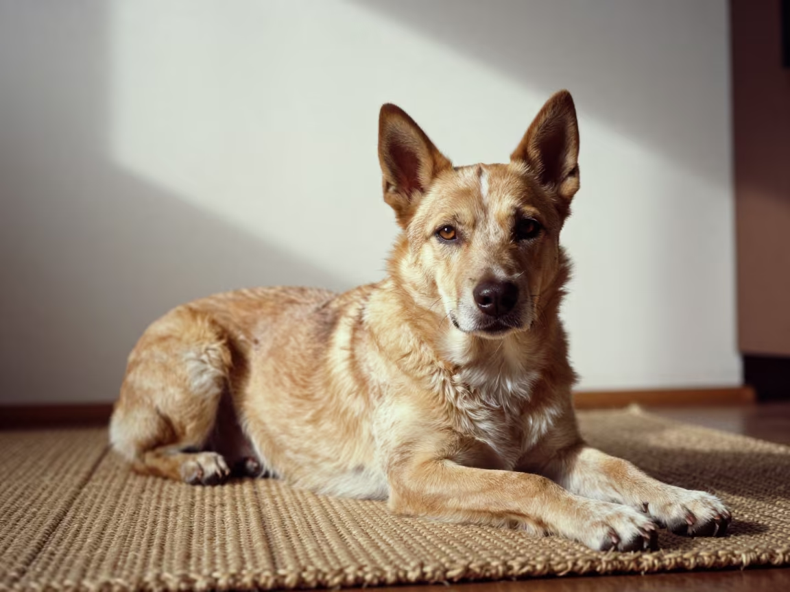 Australian Cattle Dog Resting on Rug in Barinas Home in on a woven rug beside a low couch and an uncluttered wall in Barinas