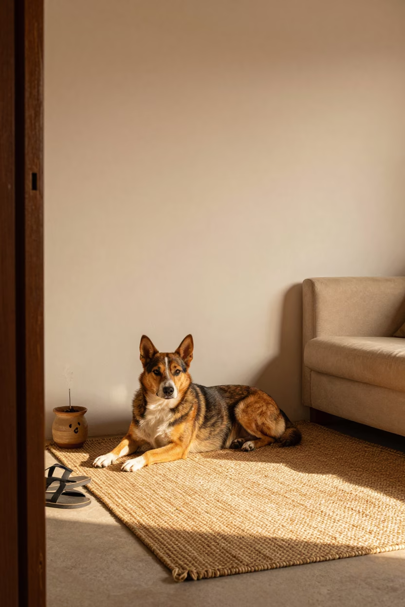 Australian Cattle Dog Resting on Rug in Nuevo Laredo Home in on a woven rug beside a low couch and an uncluttered wall near Nuevo Laredo