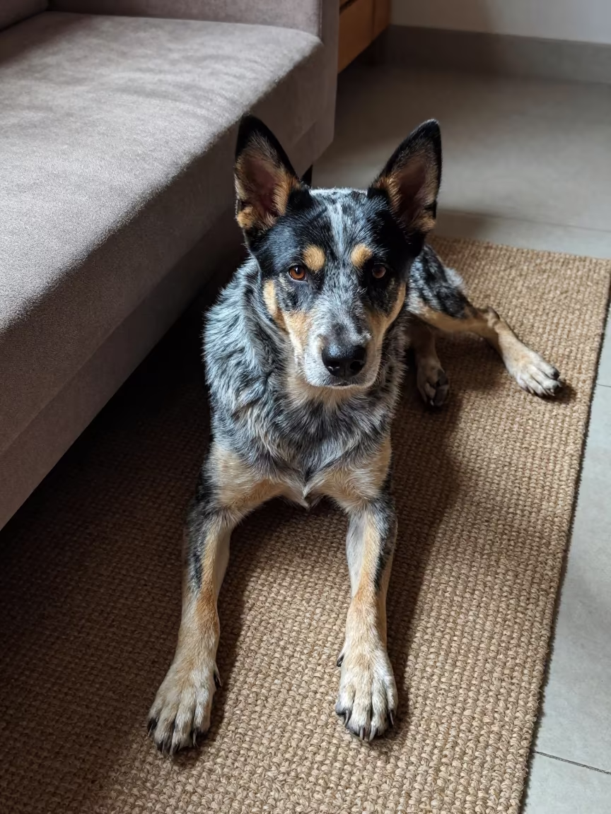 Australian Cattle Dog Resting on Rug in Sylhet Home in on a woven rug beside a low couch and an uncluttered wall in Sylhet