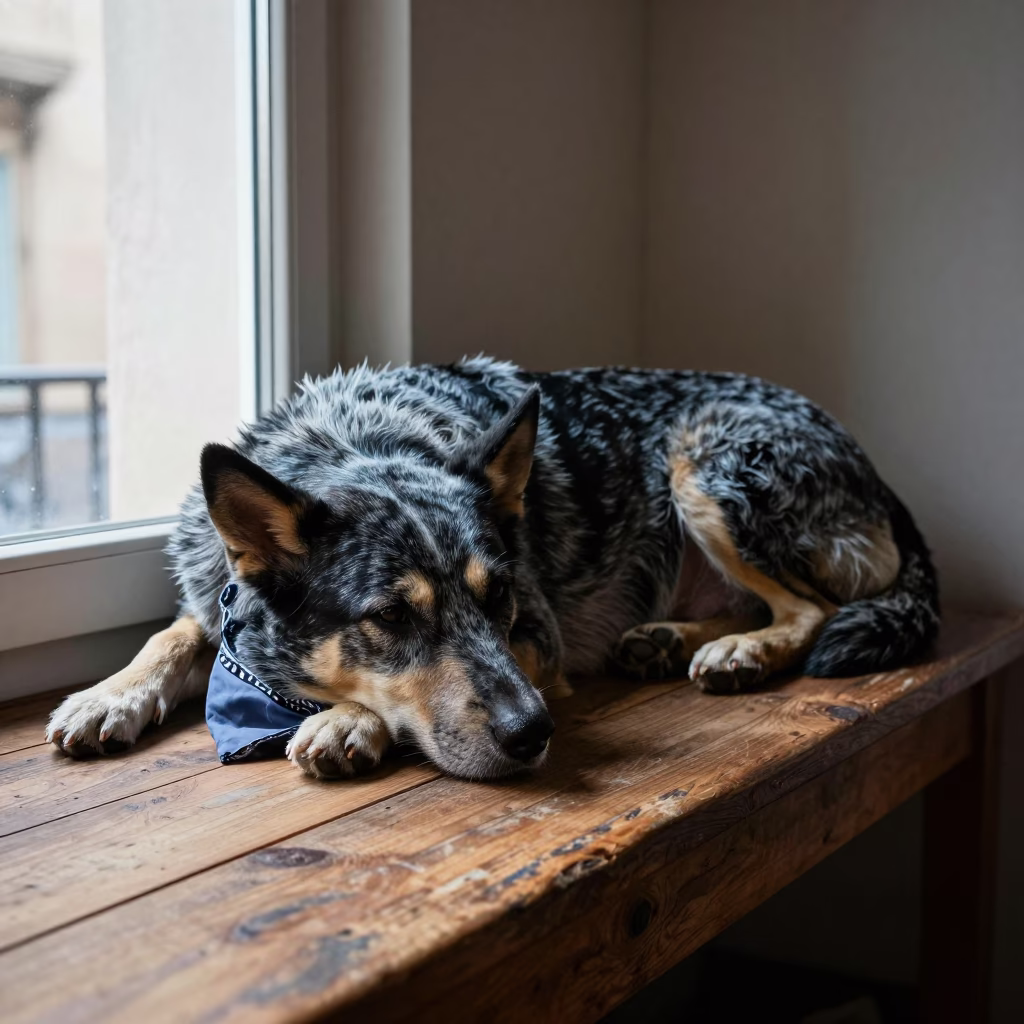 Australian Cattle Dog Resting on Window Seat in on a window seat in a quiet apartment with soft side light in Catania