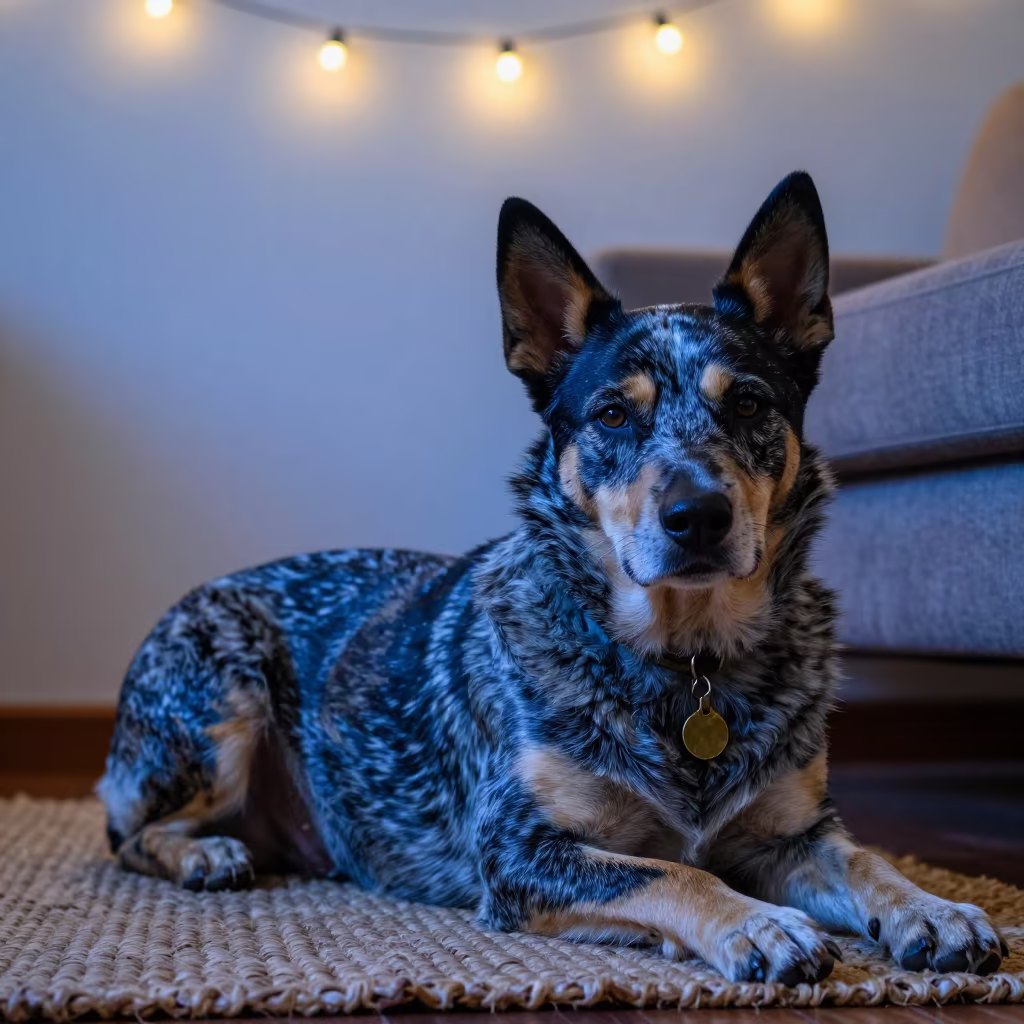Australian Cattle Dog Resting on Woven Rug in on a woven rug beside a low couch and an uncluttered wall in Gqeberha