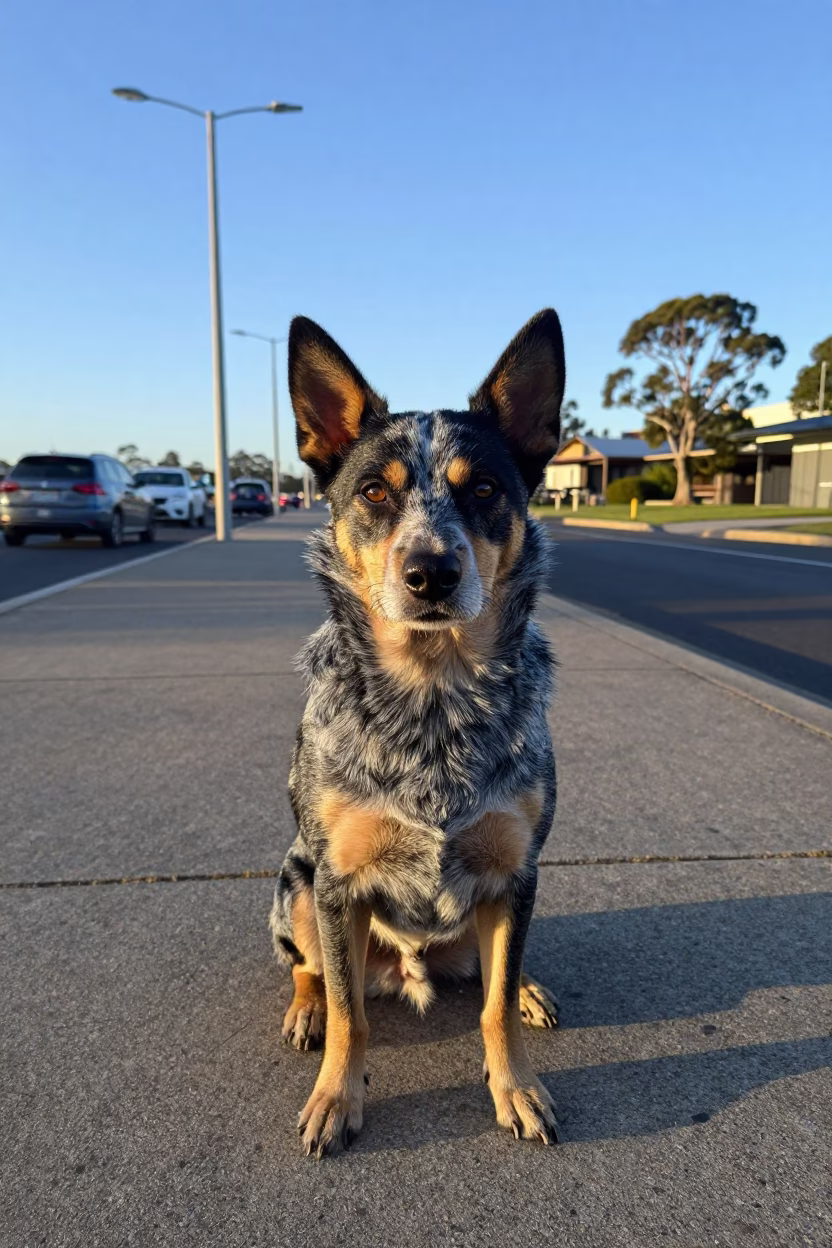 Australian Cattle Dog sitting on sidewalk in Sydney late afternoon sunlight in in Sydney, New South Wales, Australia