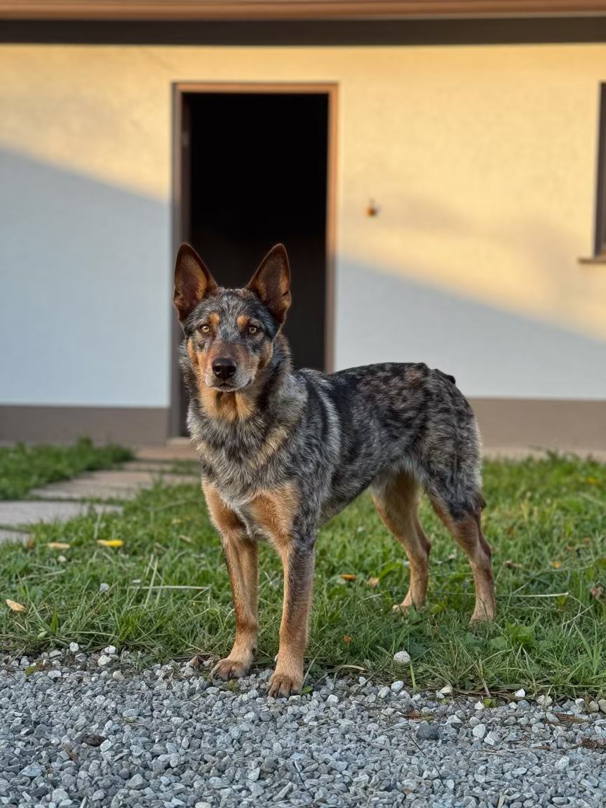 Australian Cattle Dog Twilight Silhouette in Bologna Yard in in a small yard with clipped grass, calm light, and the animal centered in frame in Bologna