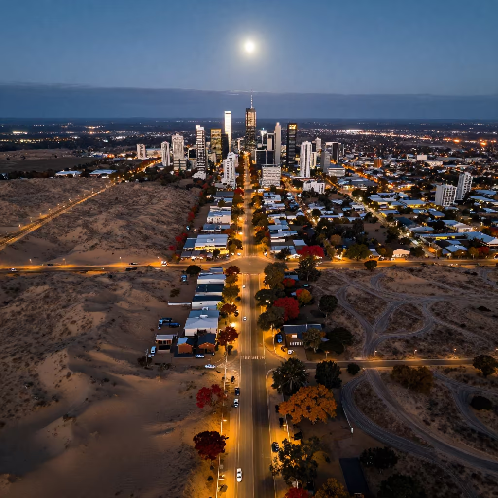 Australian City Grid Night Aerial View Dunes in above dune fields and dry wadis in Australia
