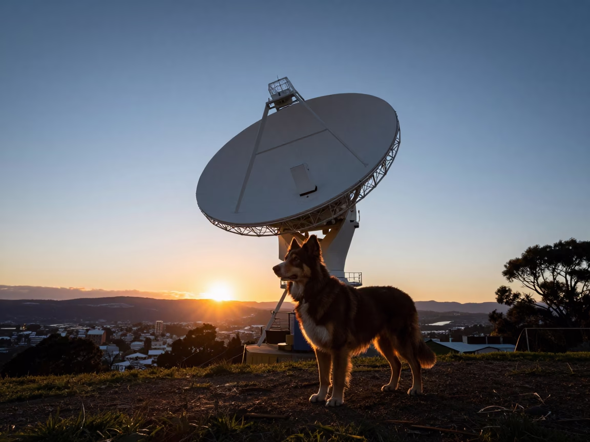 Australian Kelpie and weather radar installation at sunset in Hobart Tasmania in in Hobart, Tasmania, Australia