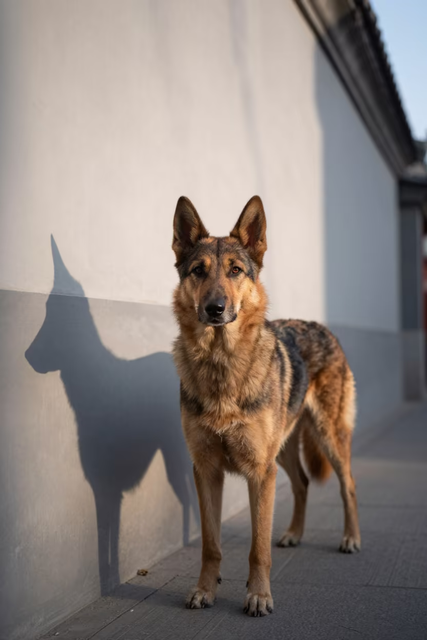 Australian Kelpie in Liulichang Courtyard Shadow in beside a plain courtyard wall in clear daylight with the animal at eye level in Liulichang, Beijing
