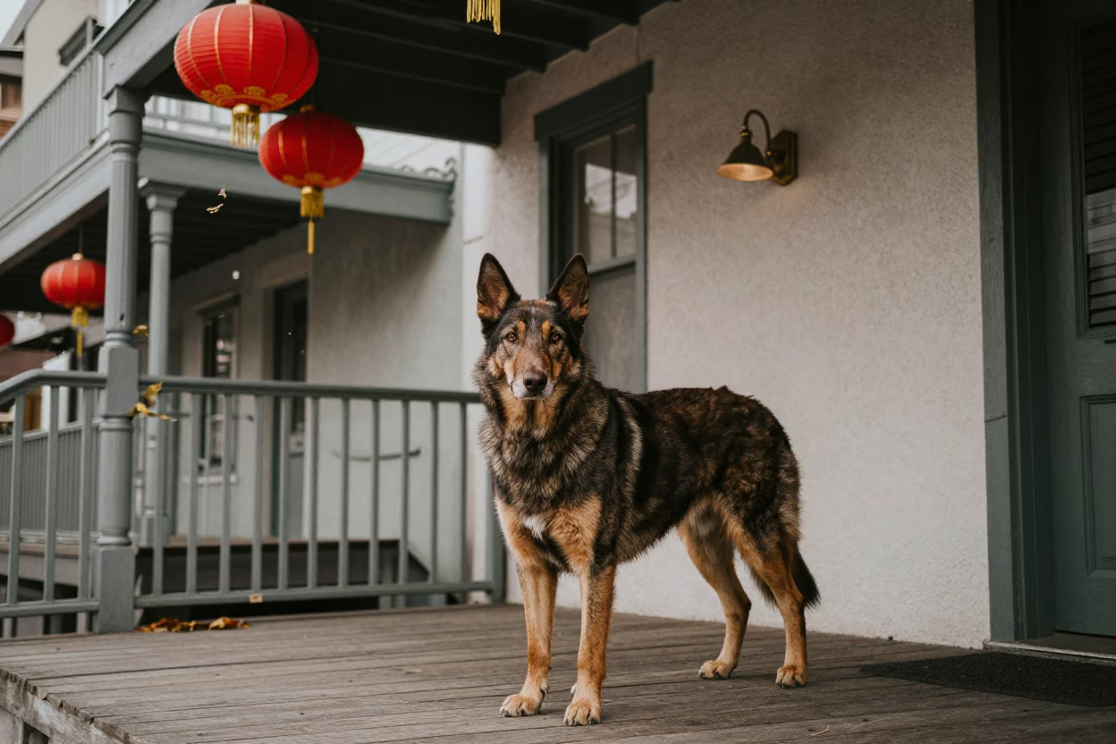 Australian Kelpie on Chinatown Porch in on a shaded front porch with boards, railings, and eye-level framing in Chinatown, San Francisco