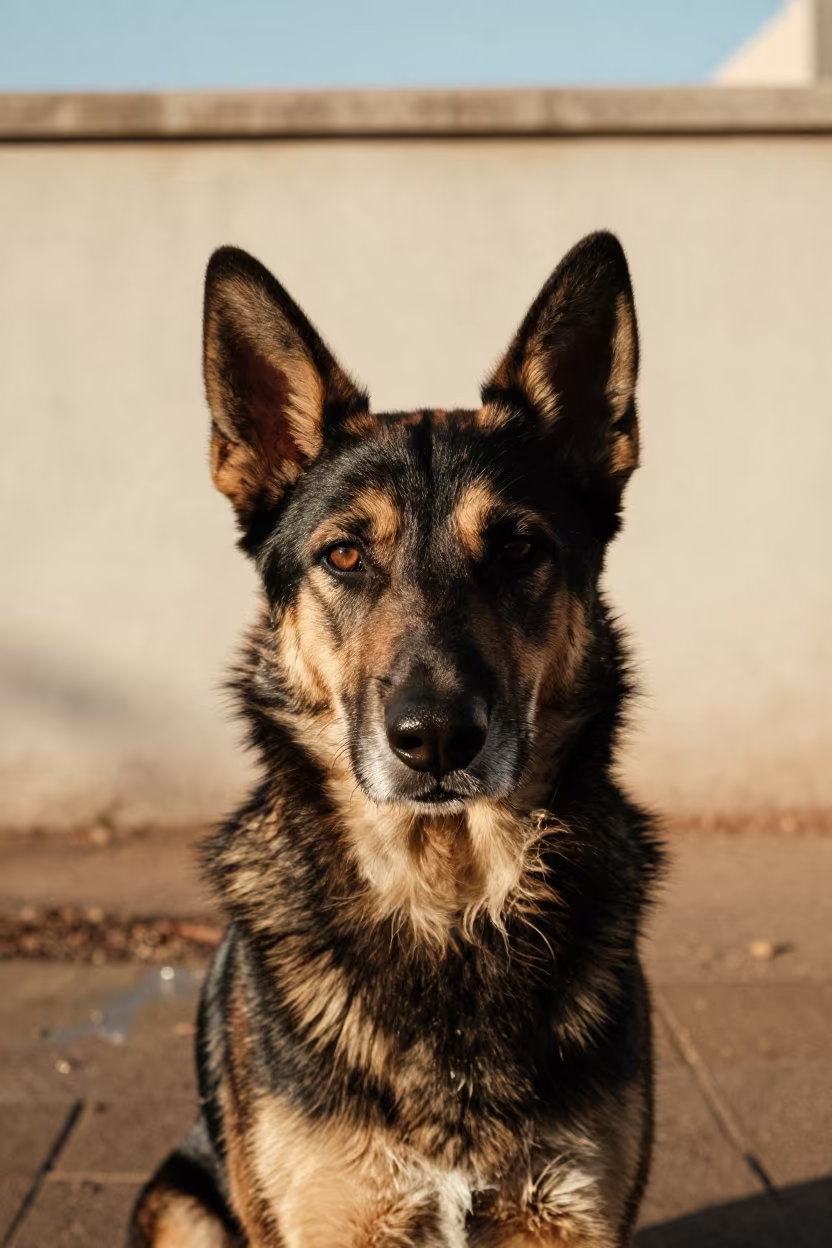 Australian Kelpie Portrait Dry Arusha Wall in beside a plain courtyard wall in clear daylight with the animal at eye level near Arusha