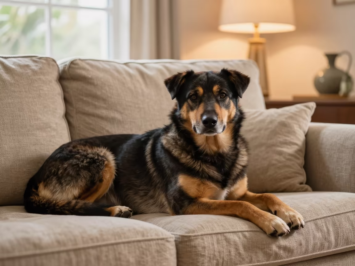 Australian Kelpie Resting on Linen Sofa in Warm Light in on a linen sofa with daylight from a nearby window near Xiamen