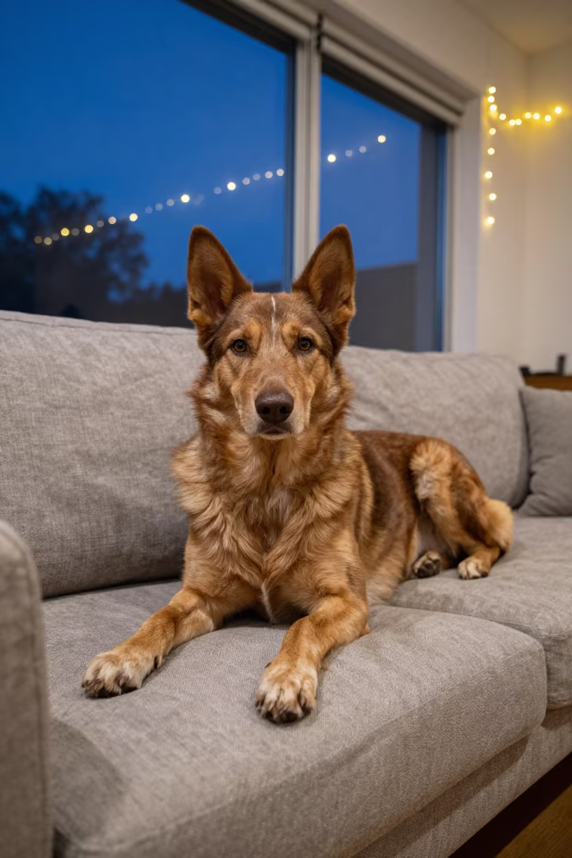 Australian Kelpie Resting on Linen Sofa in on a linen sofa with daylight from a nearby window near Harbin