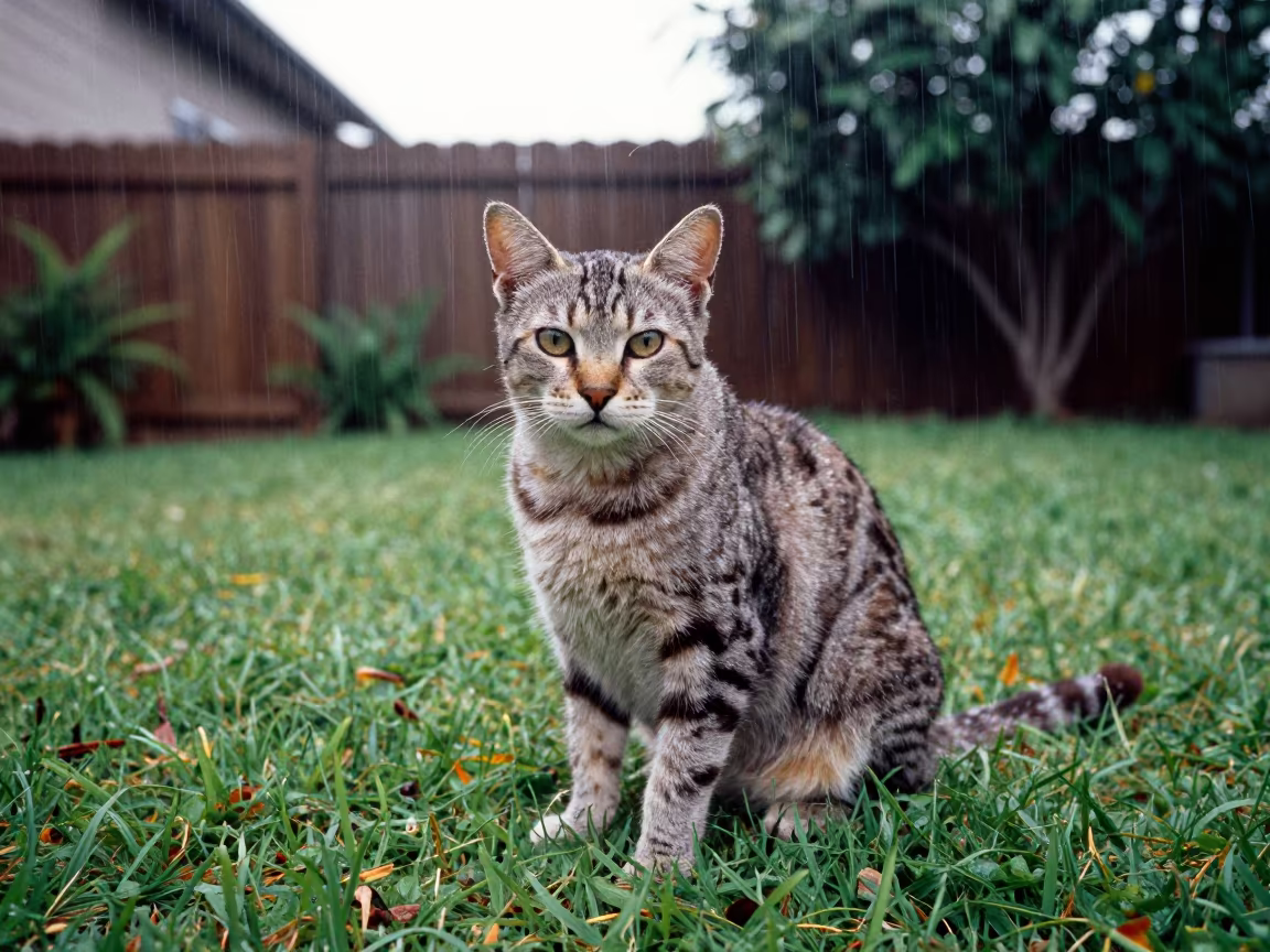 Australian Mist Cat Garden Portrait Cuba in in a small yard with clipped grass, calm light, and the animal centered in frame in Carlos Manuel de Céspedes