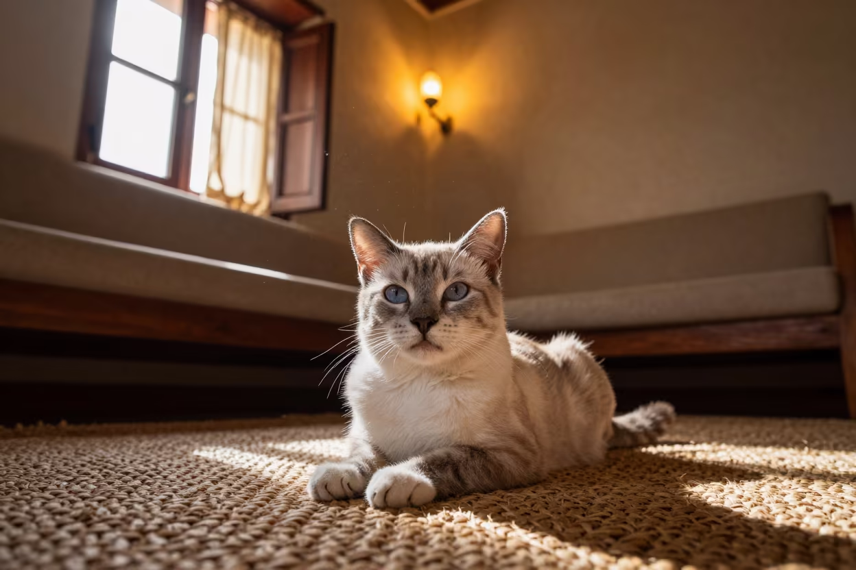 Australian Mist Cat Lounging on Rug in Udaipur Evening in on a woven rug beside a low couch and an uncluttered wall in Udaipur
